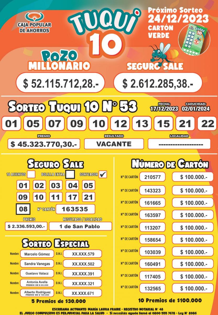 Tuqui 10: cómo salió el sorteo del domingo 17 de diciembre