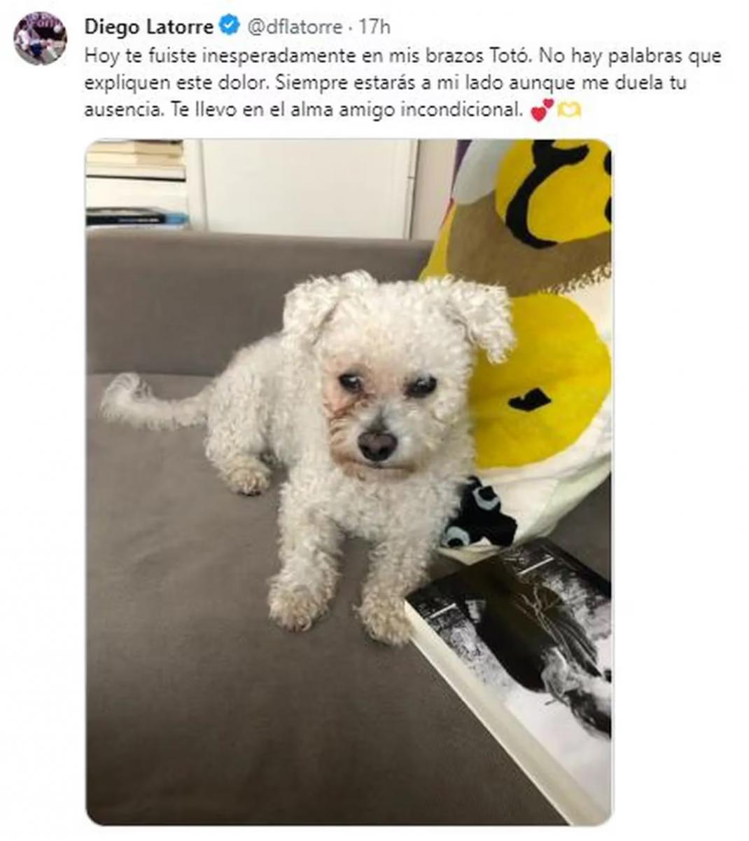 Diego Latorre hizo todo lo posible pero no pudo salvar su mascota. Así lo despidió en las redes sociales. 