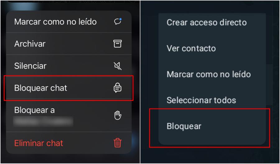 Bloqueo de chats en iOS (izquierda), en Android (derecha)