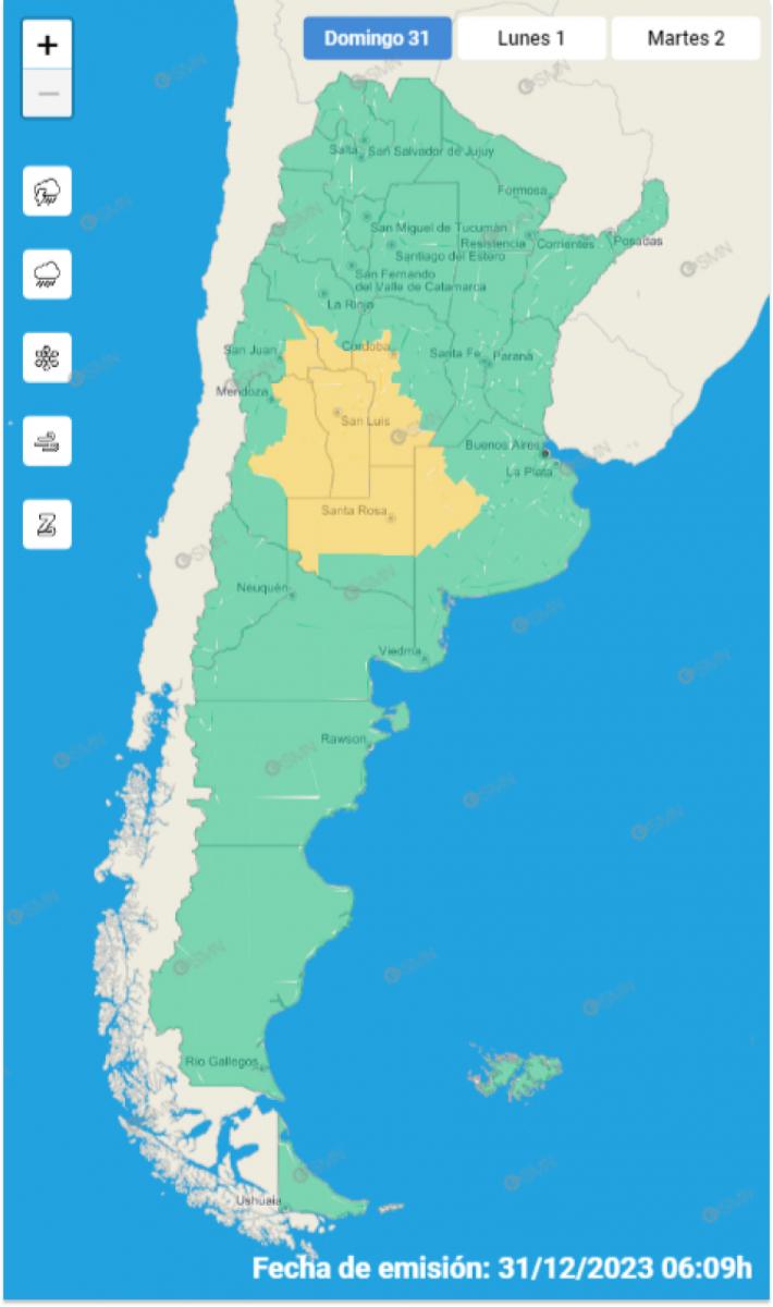 Mapa de alertas meteorológicas en Argentina