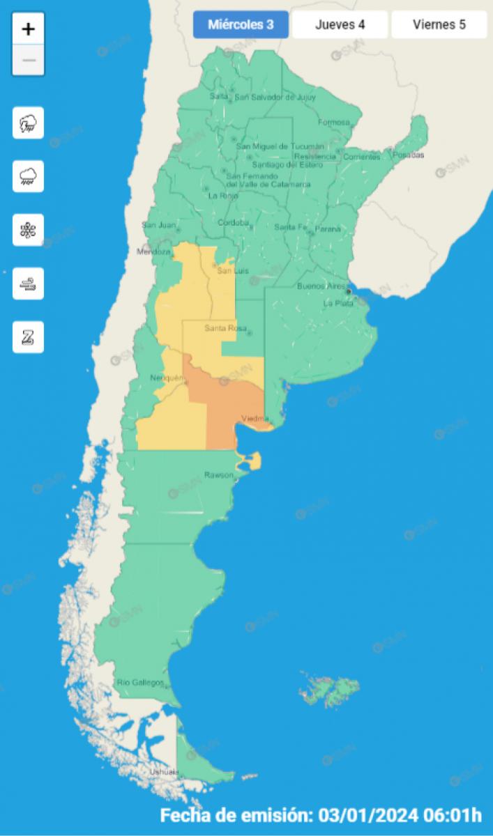 Mapa de alertas meteorológicas en Argentina