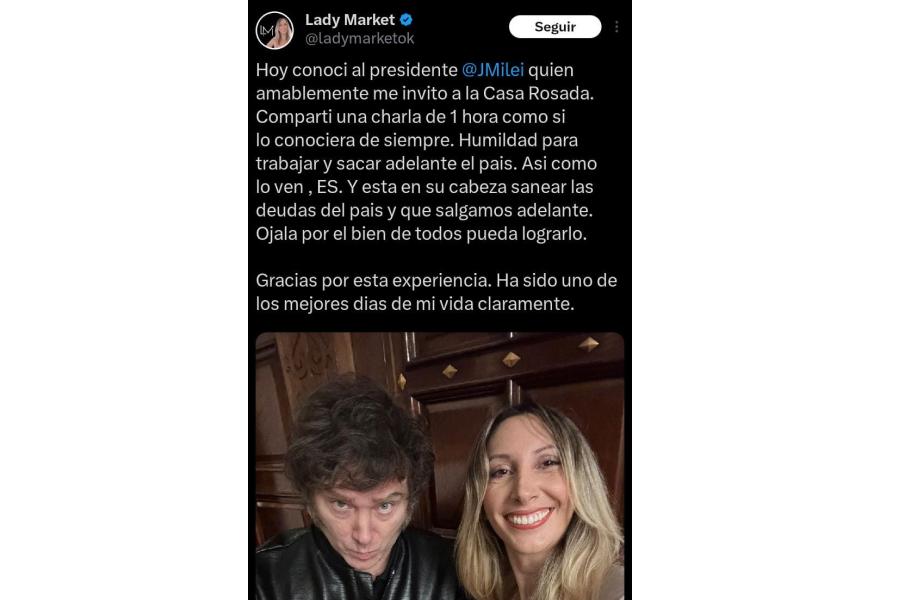 El posteo de Lady Market tras su encuentro con el presidente Javier Milei.