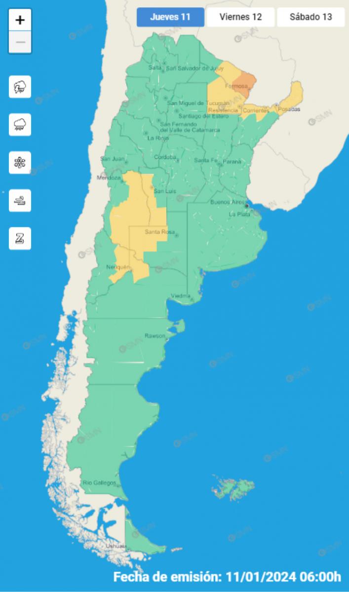 Mapa de alertas meteorológicas en Argentina