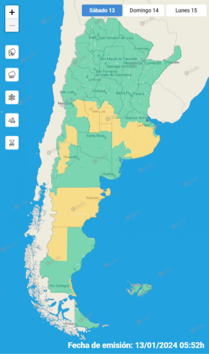 Mapa de alertas meteorológicas en Argentina