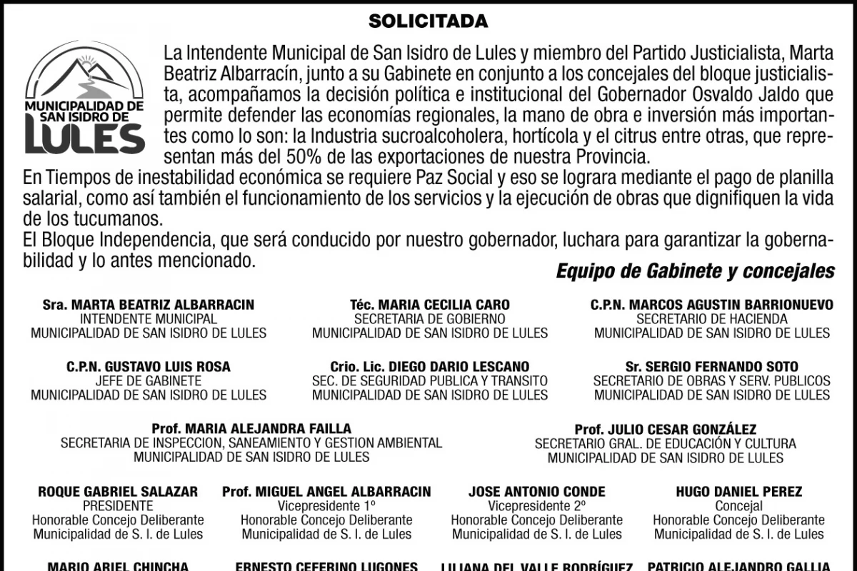 Solicitada: la Intendenta y los concejales justicialistas de Lules acompañan la decisión de Jaldo