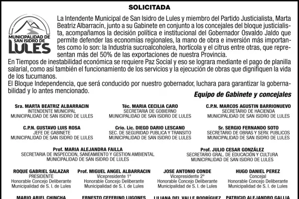 Solicitada: la Intendenta y los concejales justicialistas de Lules acompañan la decisión de Jaldo