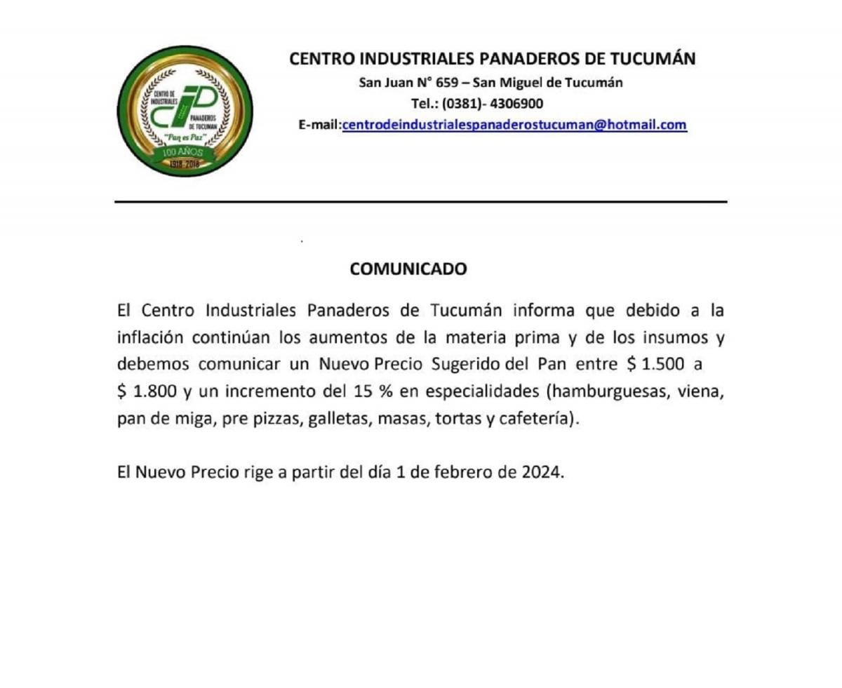 Comunicado del Centro Industriales Panaderos de la provincia