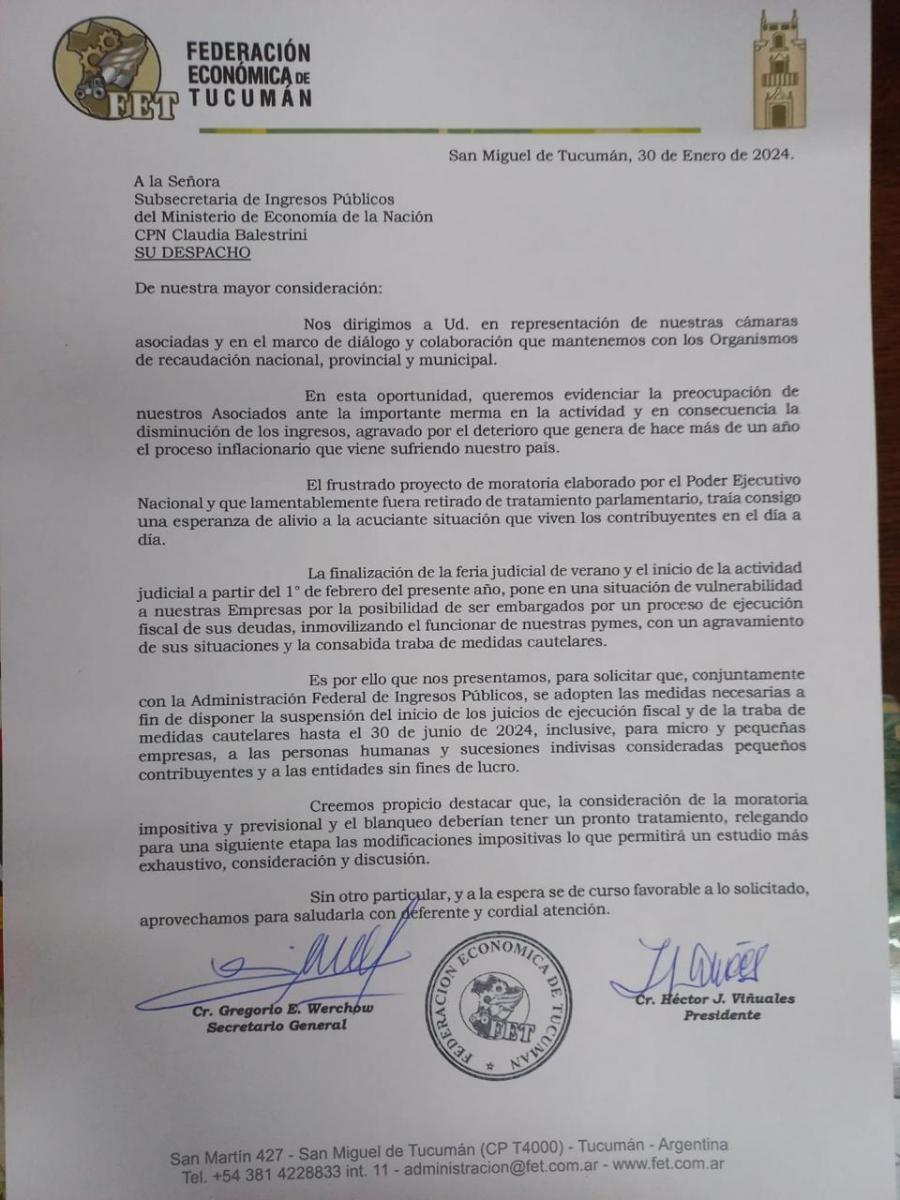 Por el decrecimiento en la actividad económica, la FET solicitó la suspensión de ejecuciones fiscales