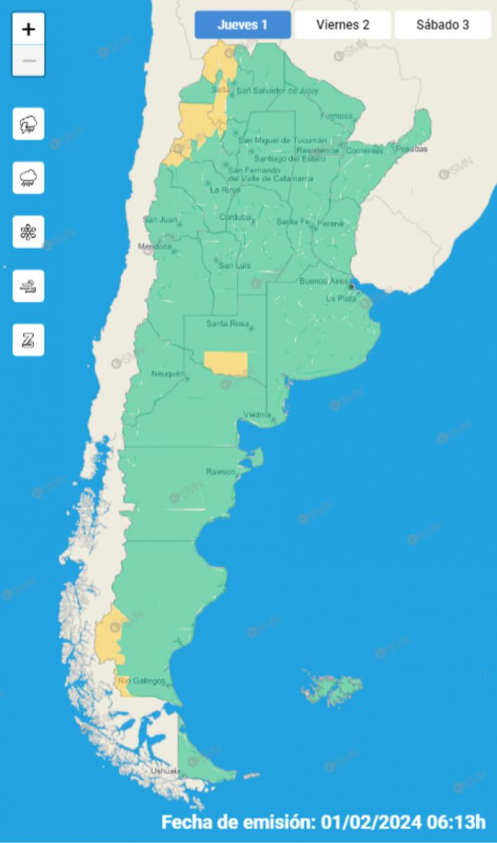 Mapa de alertas meteorológicas en Argentina