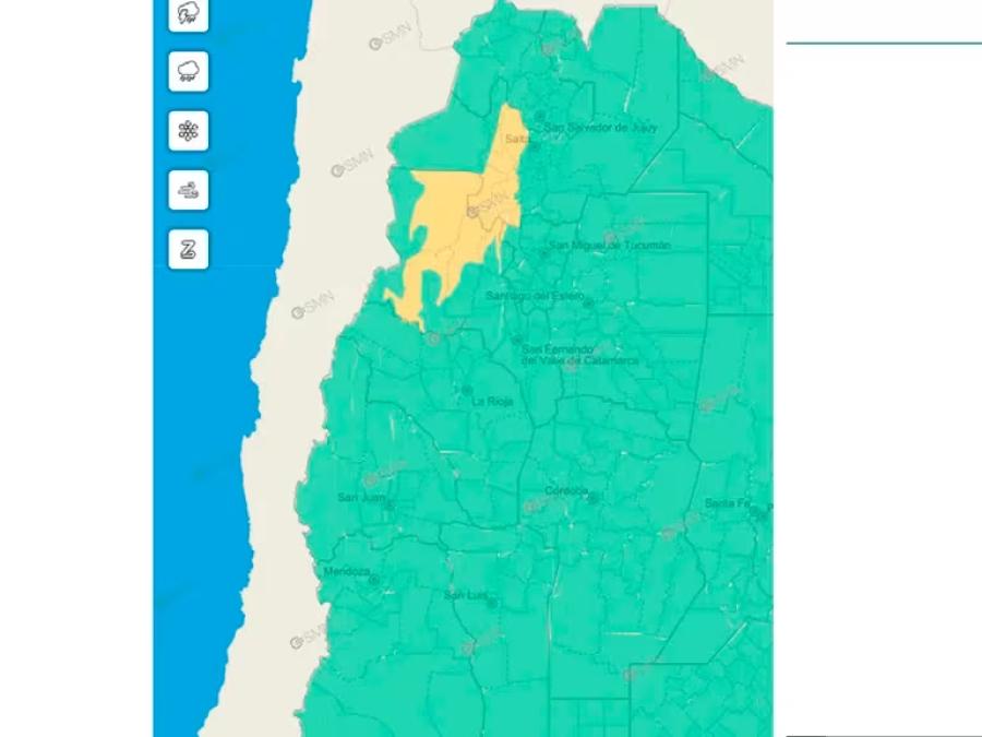 Alerta amarilla por fuertes tormentas en localidades de Salta y Catamarca.