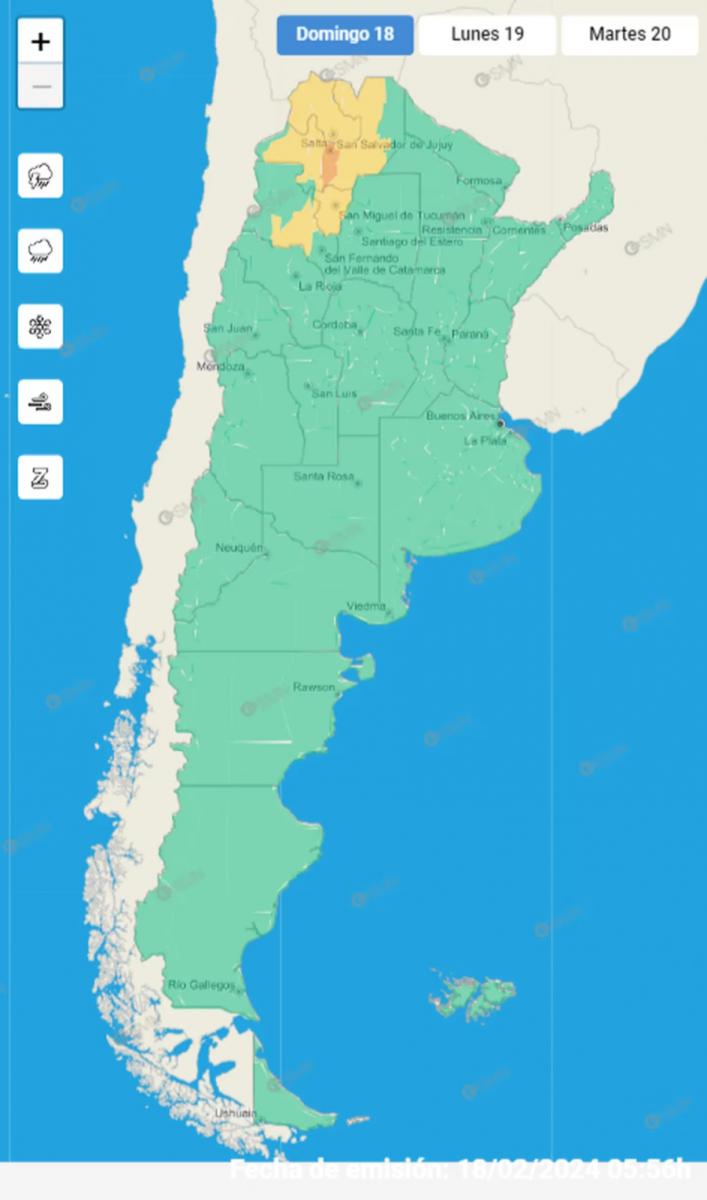 Mapa de alertas meteorológicas en Argentina