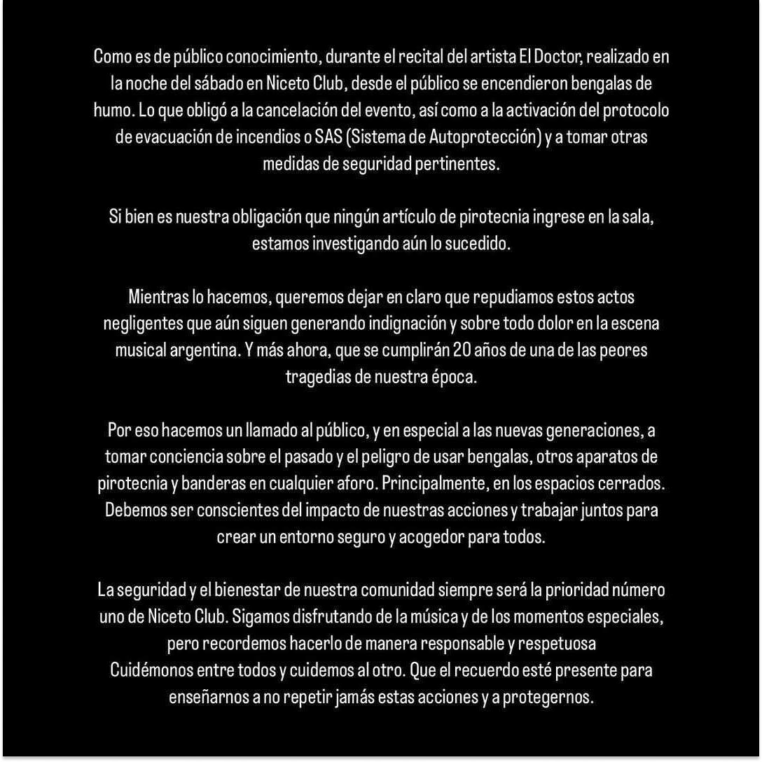 El comunicado que Niceto Club compartió en sus redes sociales
