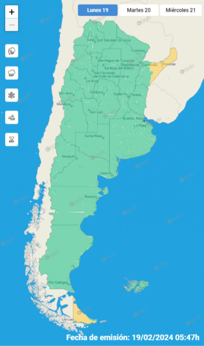 Mapa de alertas meteorológicas en Argentina