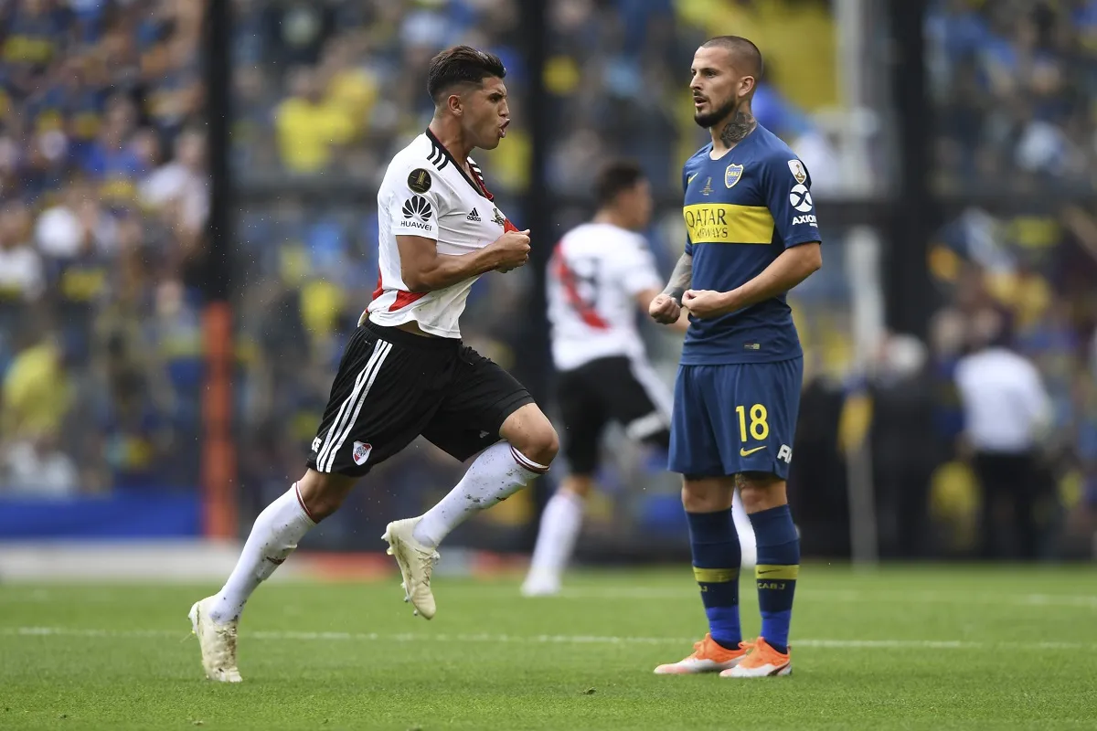 EUFÓRICO. Palacios celebra la victoria de River contra Boca, en la ida de la Copa Libertadores 2018. Foto de Autor: EITAN ABRAMOVICH |Crédito: AFP.