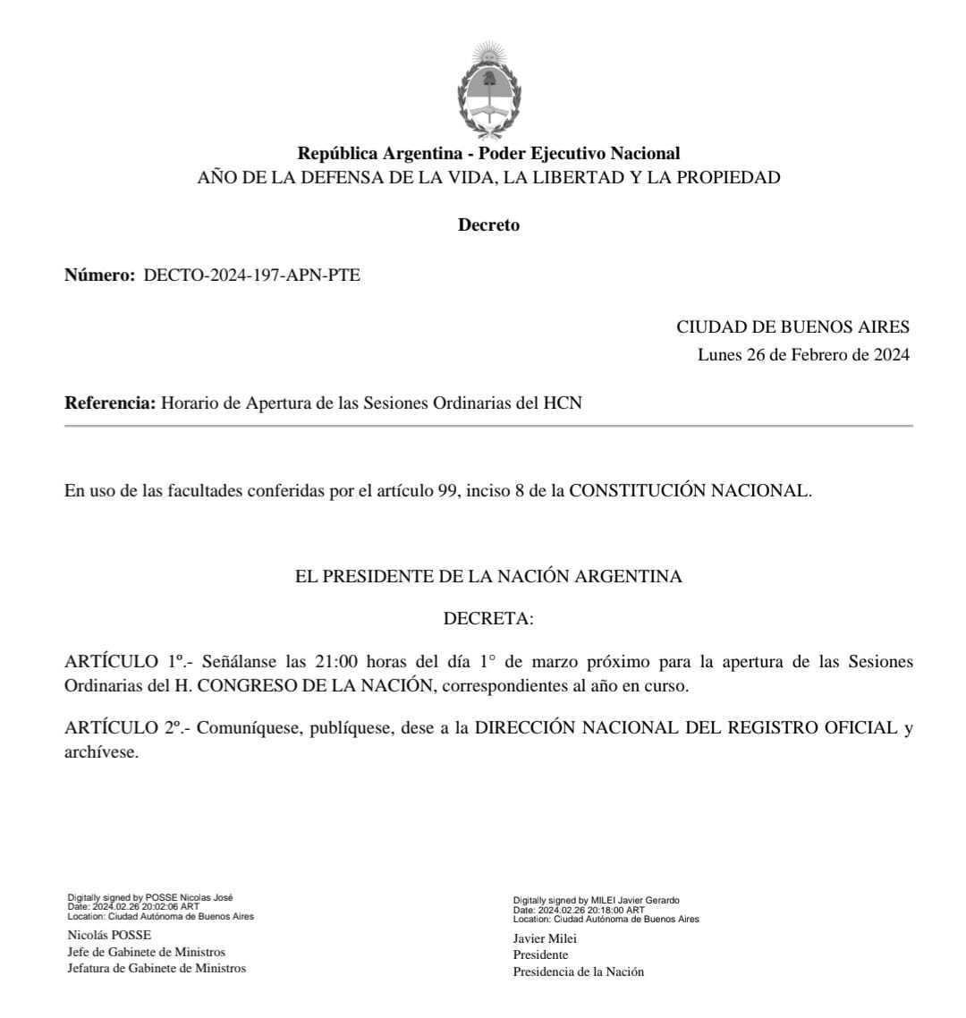 Cambio sin antecedentes: Milei abrirá la Asamblea Legislativa el viernes a las 21