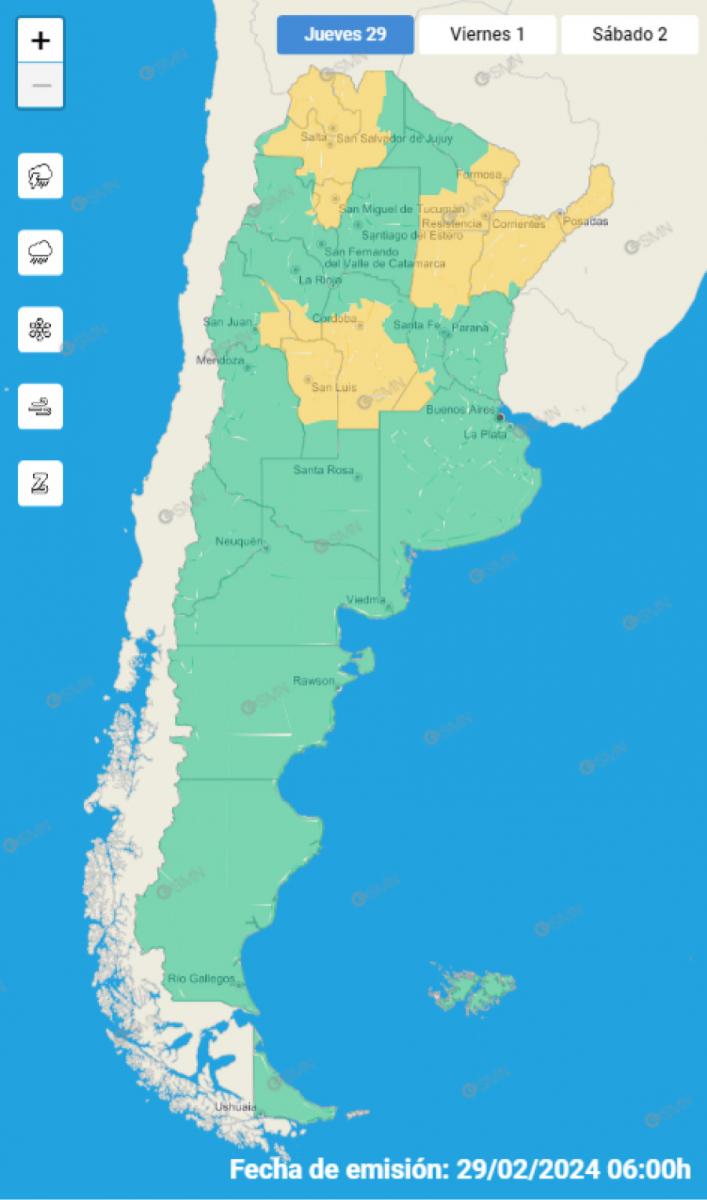 Mapa de alertas meteorológicas en Argentina
