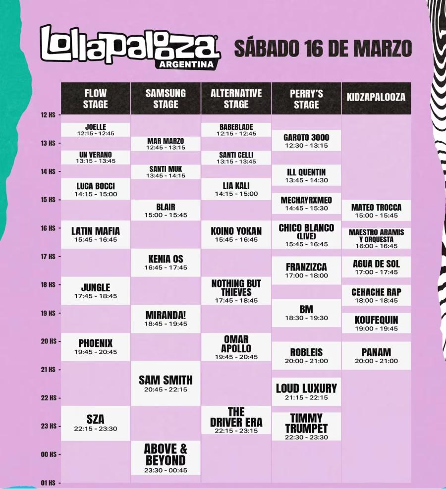 Lollapalooza 2024: grilla y horarios del sábado 16 de marzo