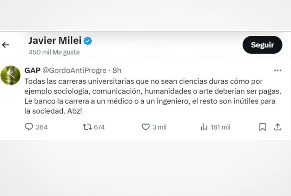 Milei le dio like a una publicación que propone arancelar universidades públicas