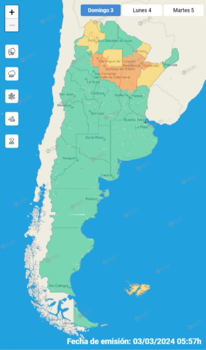 Mapa de alertas meteorológicas en Argentina
