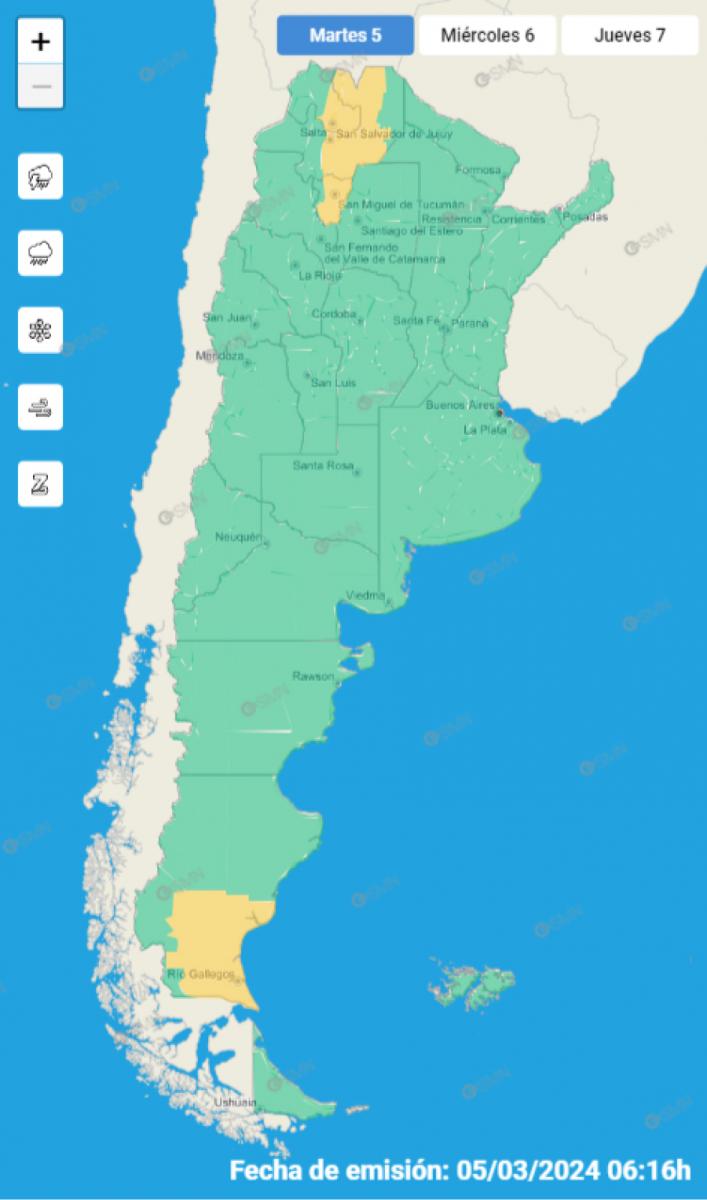 Mapa de alertas meteorológicas en Argentina