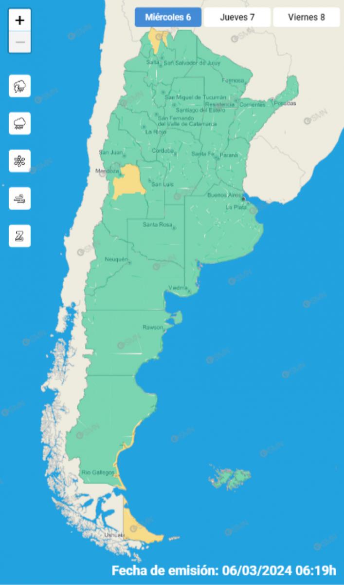 Mapa de alertas meteorológicas en Argentina