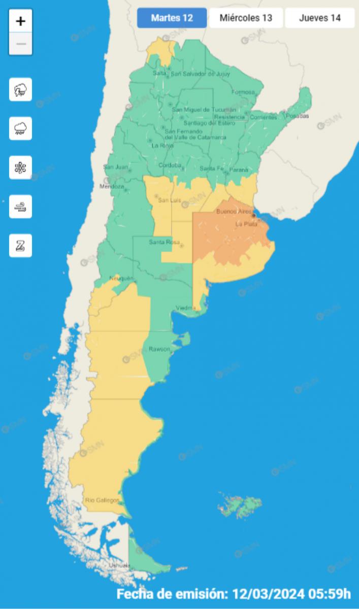 Mapa de alertas meteorológicas en Argentina