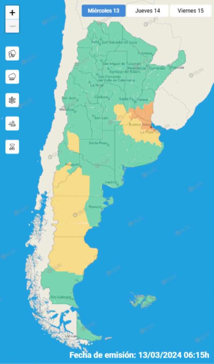 Mapa de alertas meteorológicas en Argentina