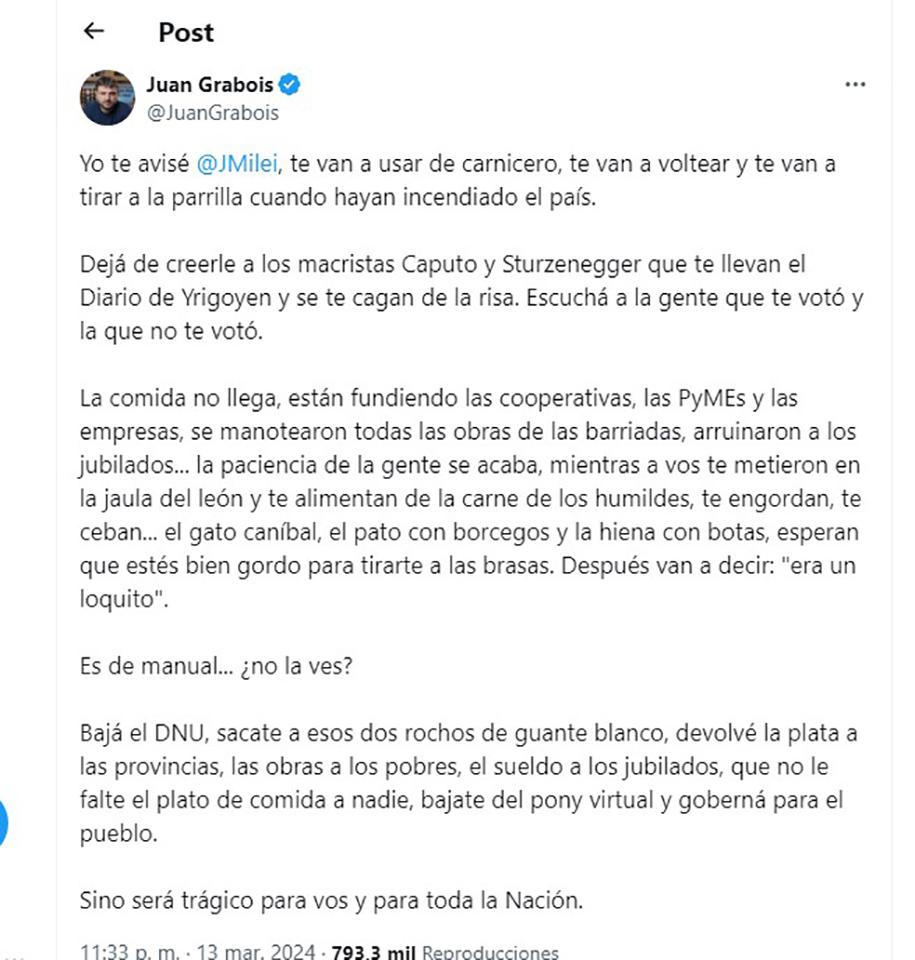 La advertencia de Grabois a Milei en medio de la interna con Villarruel: “Te van a voltear”