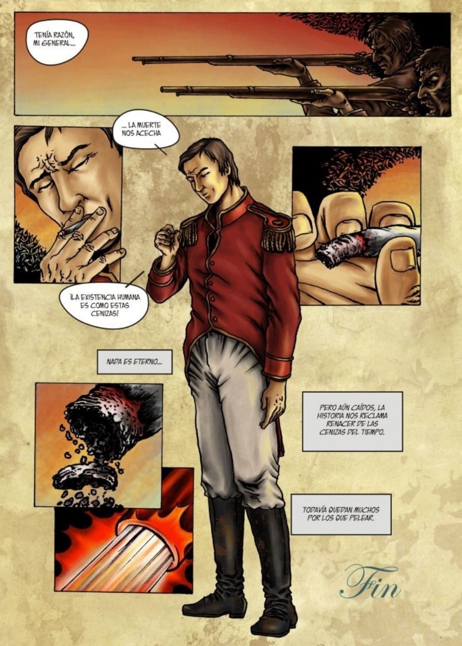 ÚLTIMOS MOMENTOS. Una viñeta realizada por César Carrizo recrea el instante previo a la muerte del prócer.