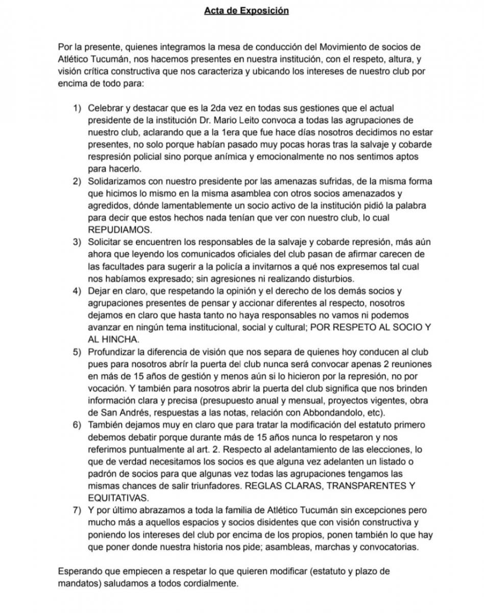 DEMANDAS. El comunicado que leyó el Movimiento de Socios en la última reunión donde se citaron a los opositores.