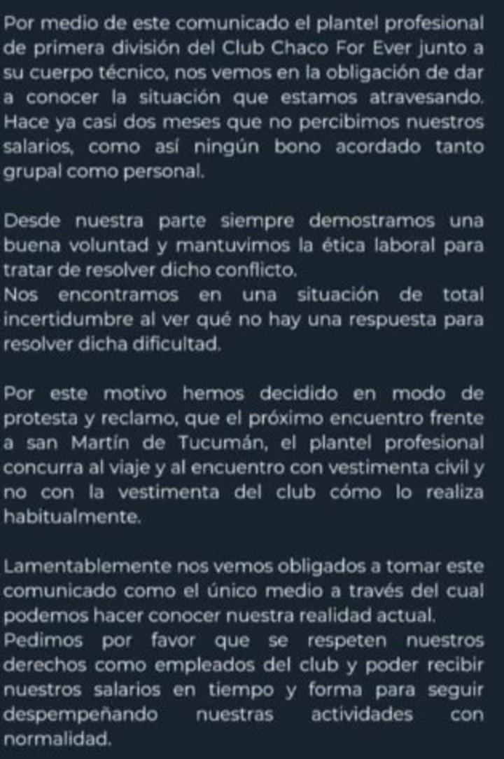 COMUNICADO. El plantel de Chaco For Ever expresó su descontento por no haber podido cobrar su sueldo durante dos meses. 