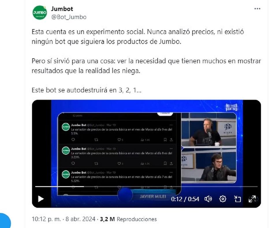 Javier Milei celebró la caída de precios con un bot que publica datos falsos