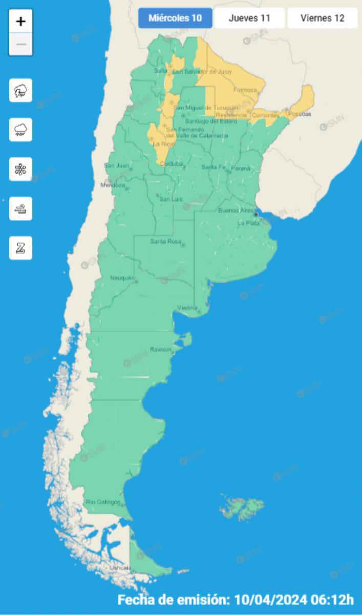 Mapa de alertas del Servicio Meteorológico Nacional