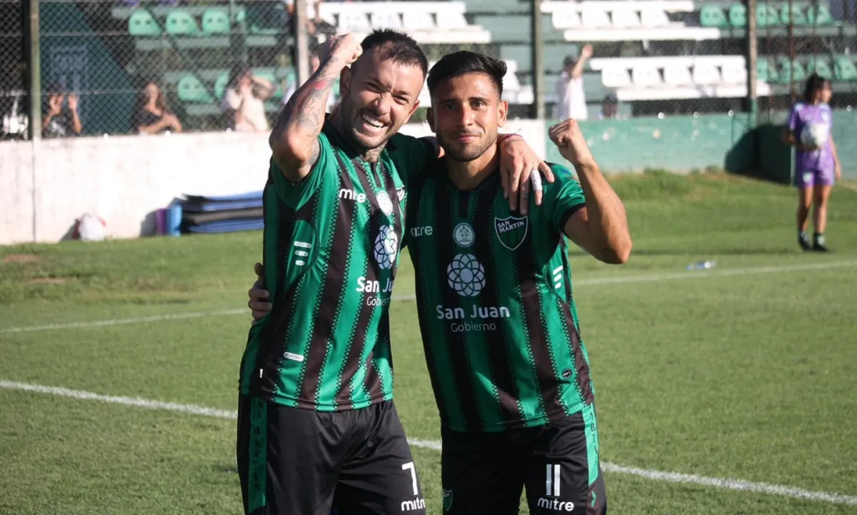 PUÑOS APRETADOS. Maximiliano Casa y Maximiliano Gutiérrez son dos piezas claves en el funcionamiento de San Martín de San Juan. El verdinegro viene de empatar contra Chacarita 1-1. 