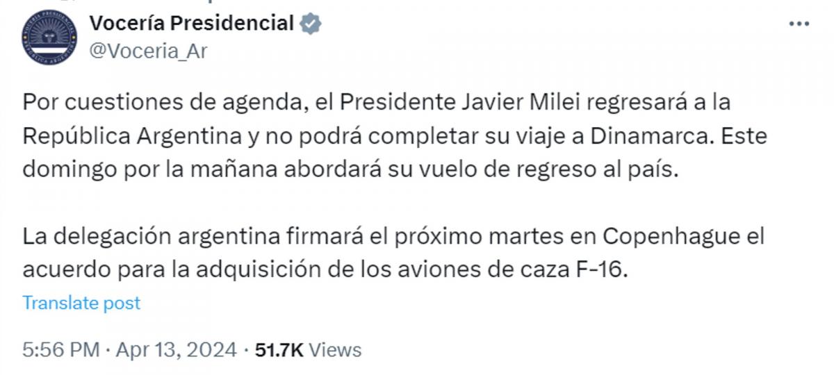 Milei suspendió su viaje a Dinamarca y regresa al país tras el ataque de Irán a Israel