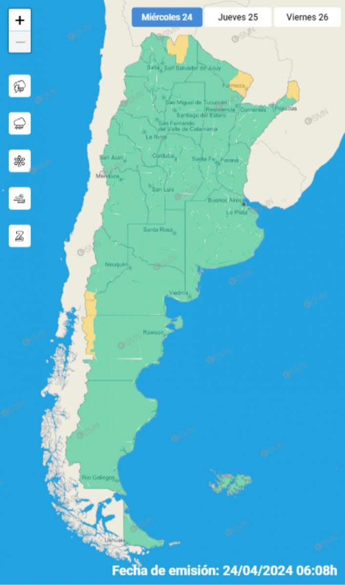 Mapa de alertas del Servicio Meteorológico Nacional