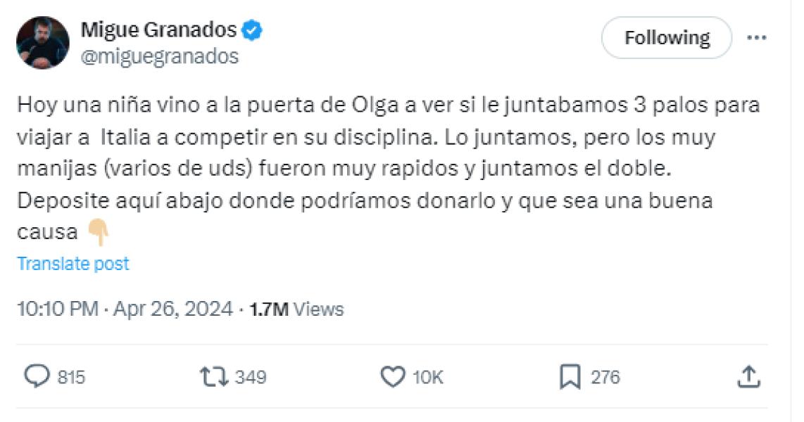 El posteo de Migue Granados