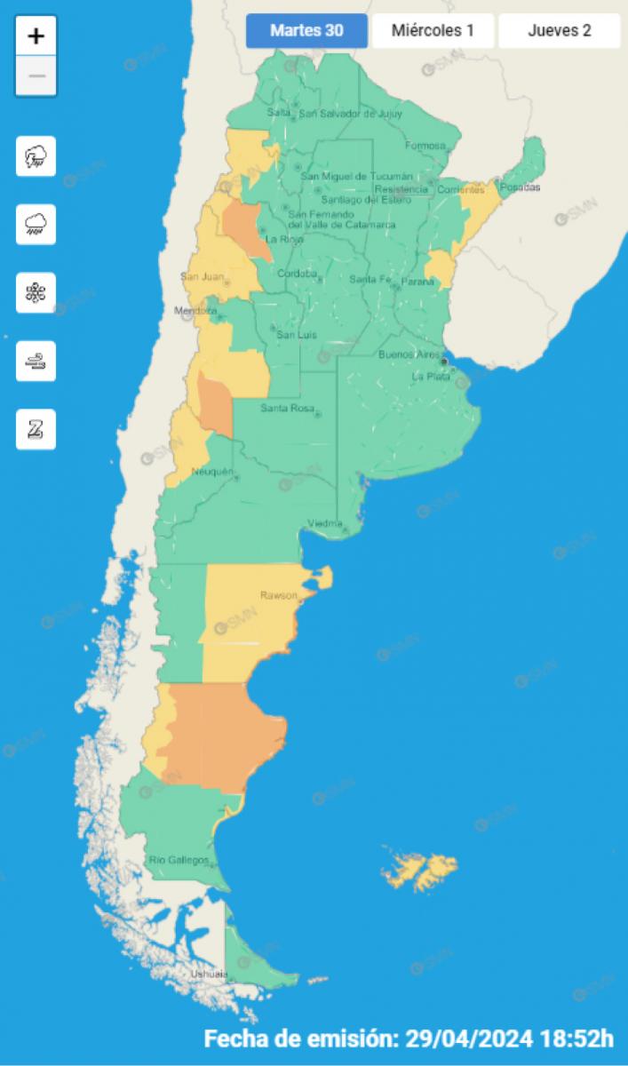 Mapa de alertas del Servicio Meteorológico Nacional