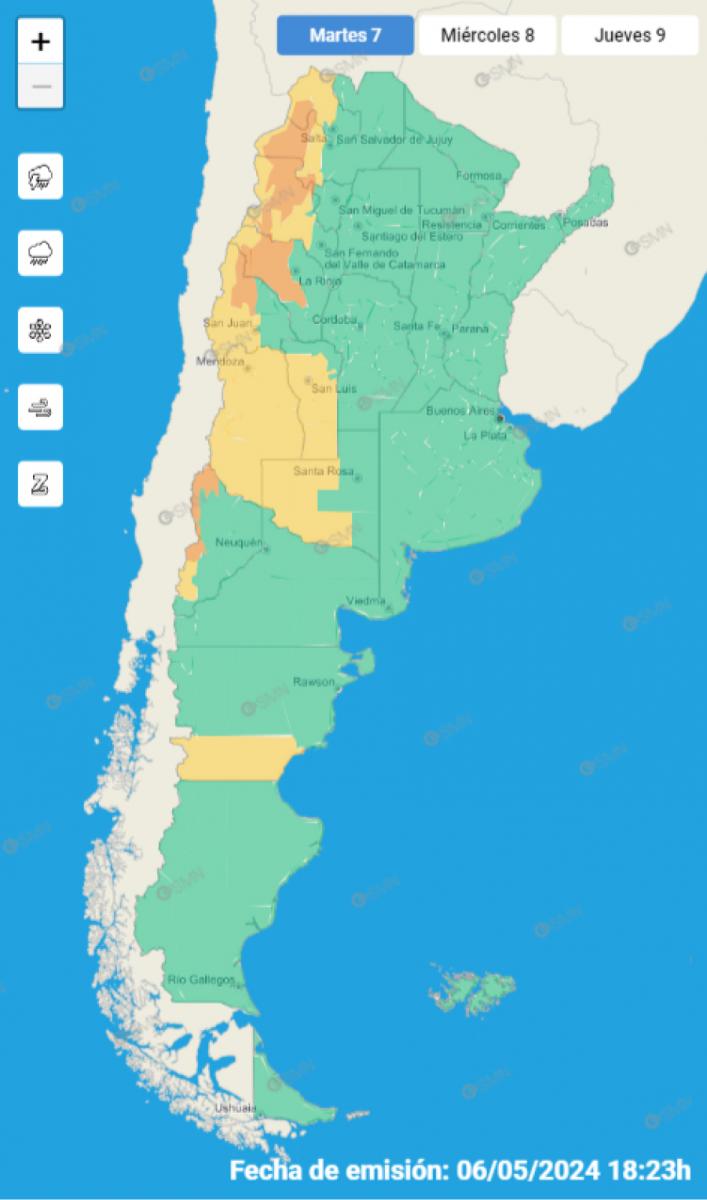 Mapa de alertas del Servicio Meteorológico Nacional