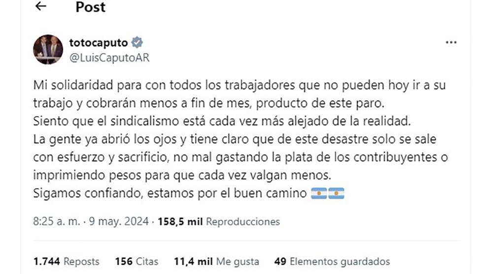 En medio del paro, el mensaje de Caputo a los trabajadores: “Cobrarán menos a fin de mes”