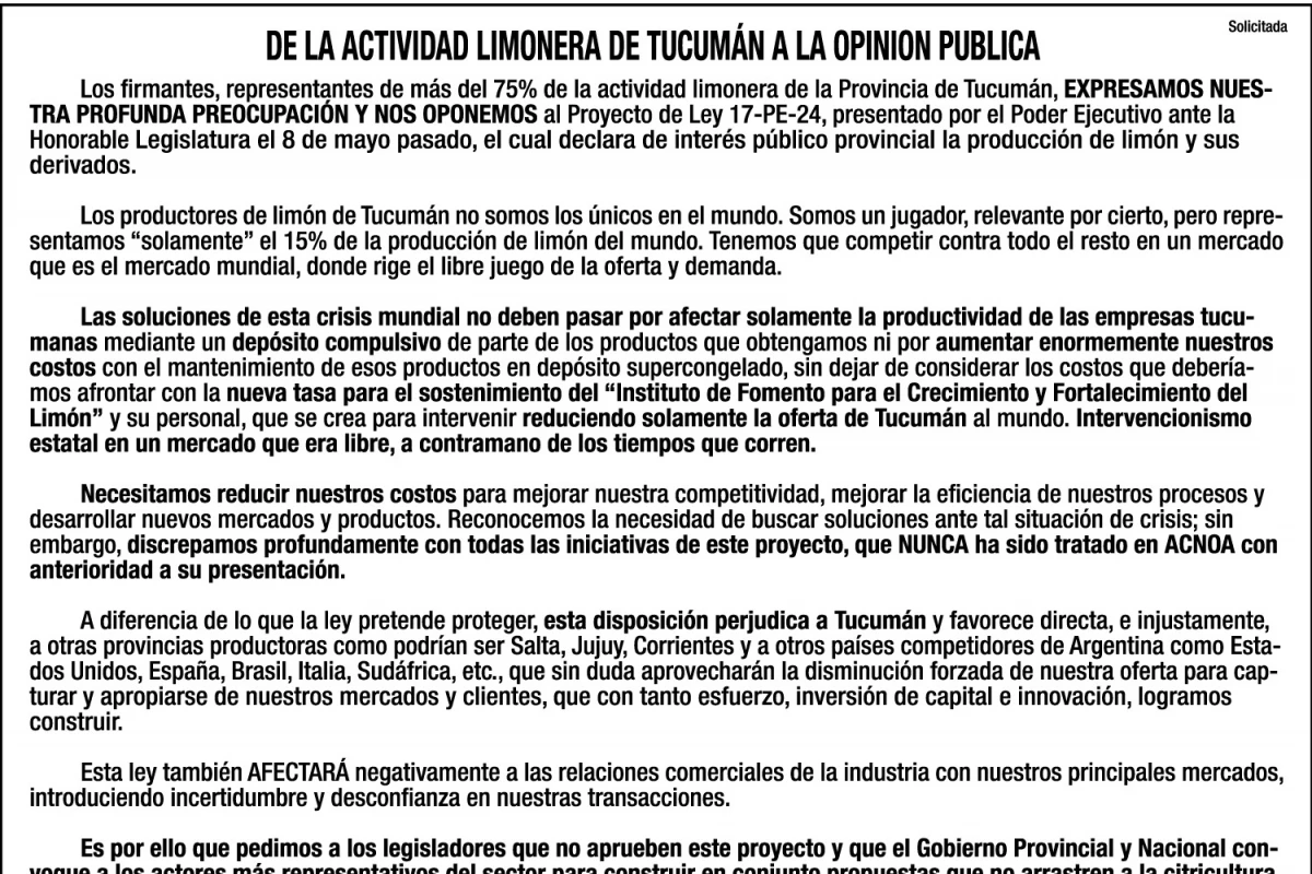 Solicitada: de la actividad limonera de Tucumán a la opinión pública