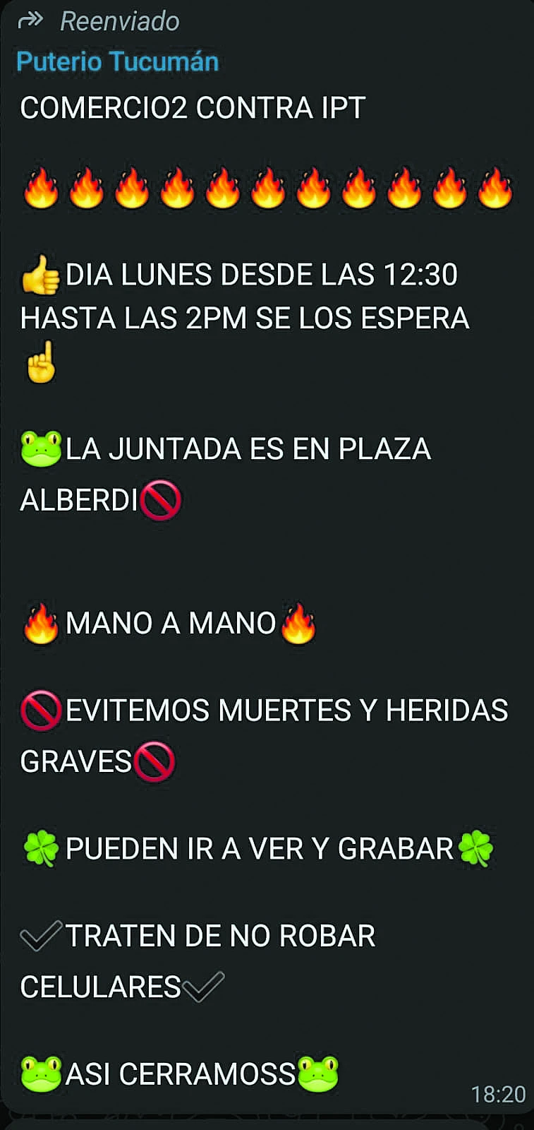 CAPTURA. La convocatoria de la pelea se difundió por distintos grupos de WhatsApp durante el domingo y el lunes.