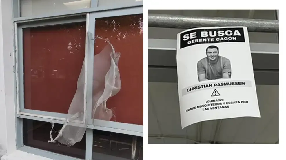 LA VENTANA por donde huyó el funcionario y un cartel de buscado que hicieron los trabajadores. 