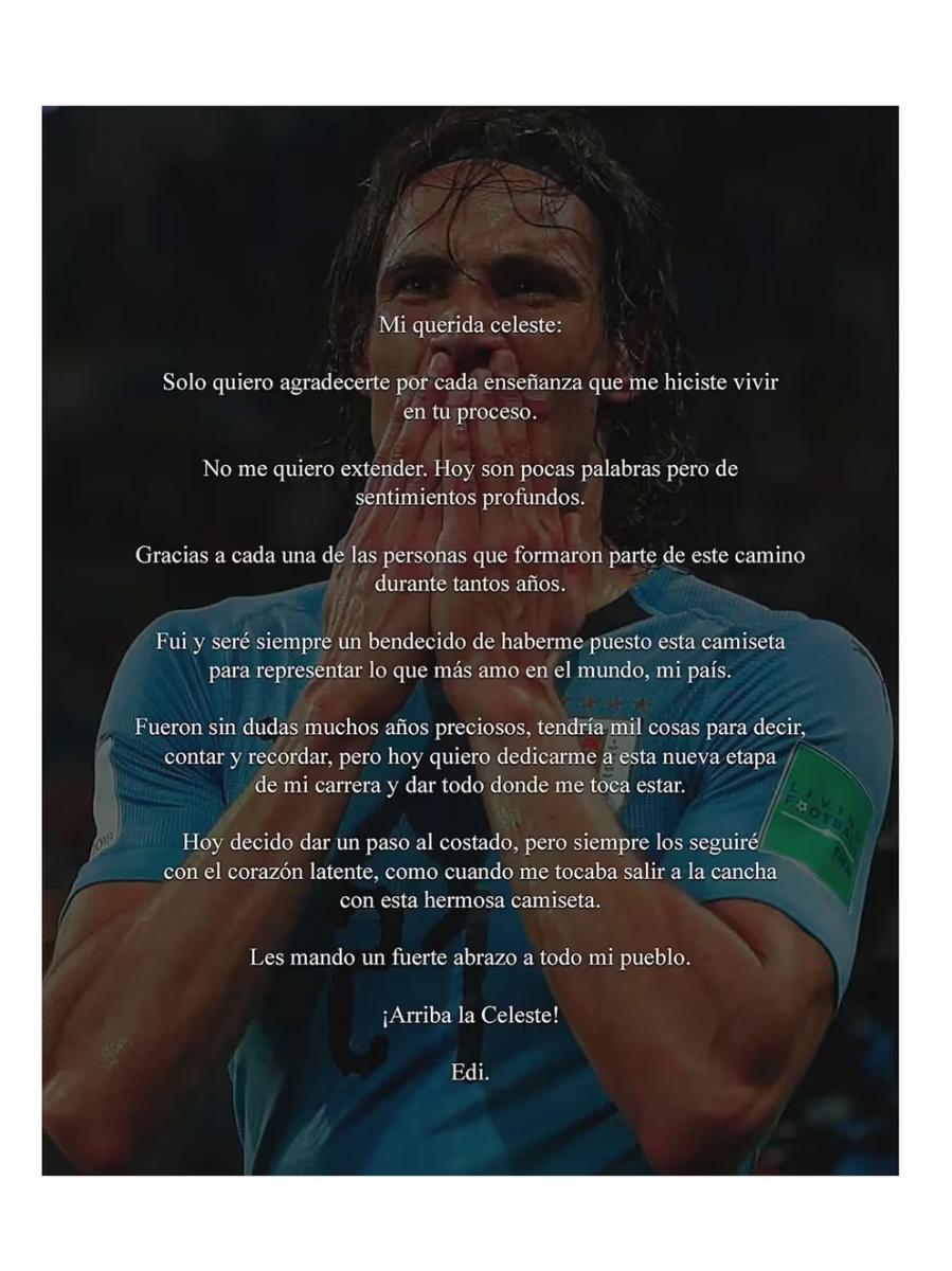 Cavani puso fin a su ciclo en la Selección de Uruguay: “Quiero dedicarme a esta nueva etapa”