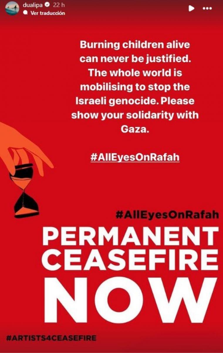 MOVIMIENTO POR PALESTINA. La historia de Instagram de Dua con la que se posicionó sobre la guerra en Oriente Medio. CAPTURA DE PANTALLA