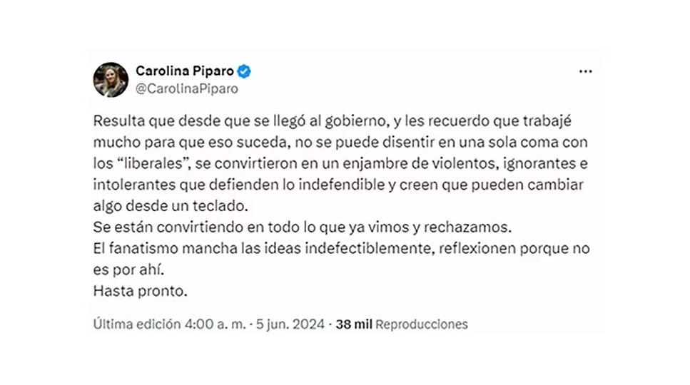 Piparo alejada de la Libertad Avanza: Enjambre de violentos, ignorantes e intolerantes