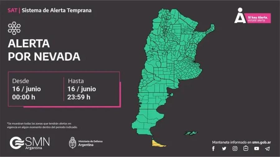 Alerta amarilla por nevadas en Tierra del Fuego.