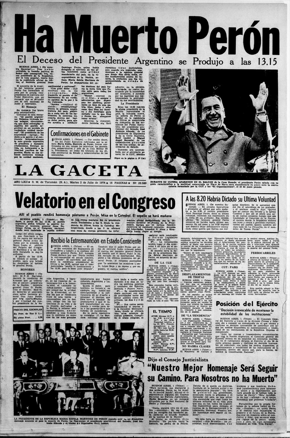 ARCHIVO. Así reflejaba LA GACETA el fallecimiento de Juan Domingo Perón hace 50 años.