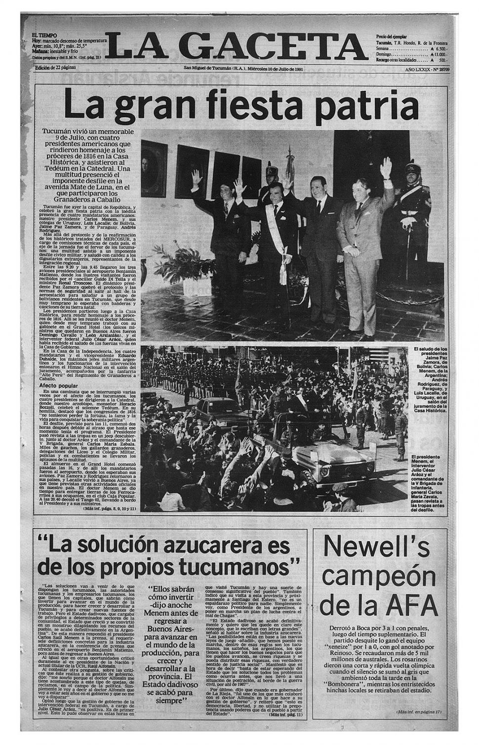 ANFITRIÓN. En la Casa Histórica, Menem saluda junto a sus pares de Paraguay, Bolivia y Uruguay. Corría 1991.