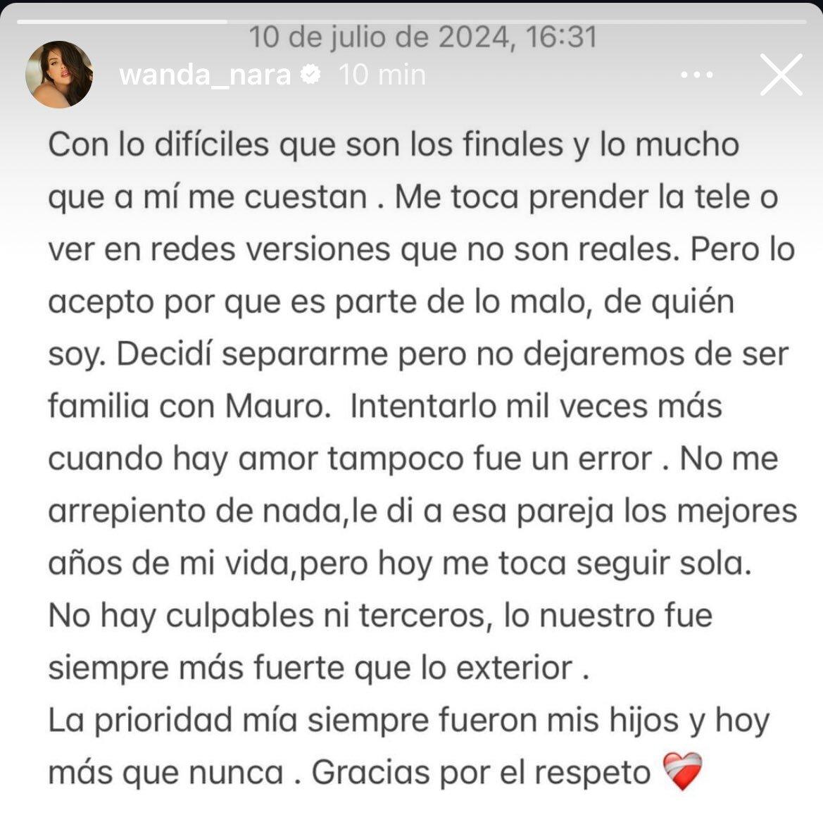 Hoy me toca seguir sola: el comunicado que compartió Wanda Nara en redes sociales